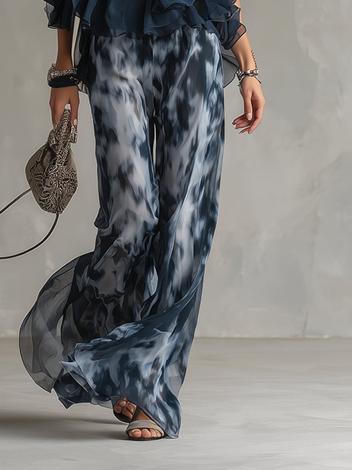 Novaria | Elegantes Chiffon-Set mit hochgeschlossenem Oberteil und weit geschnittenen bedruckten Hosen