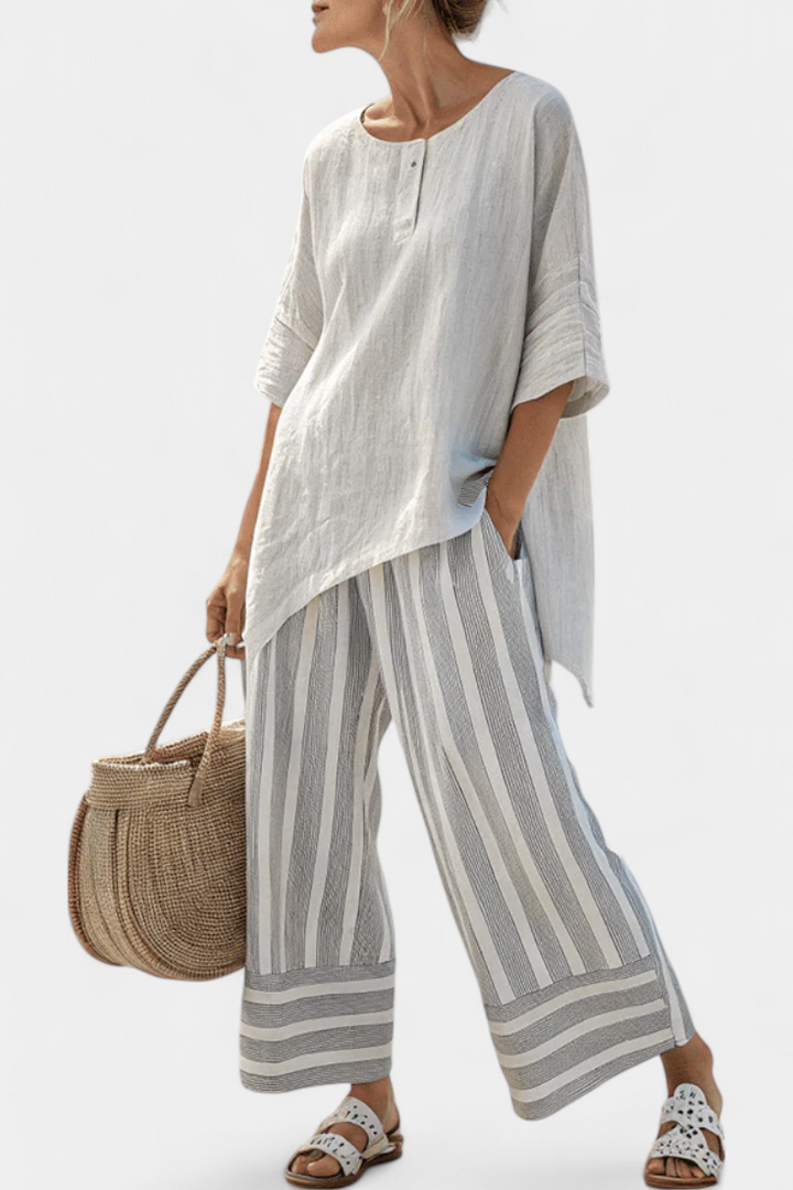 Vivian | Elegante asymmetrische Bluse & gestreifte Hose