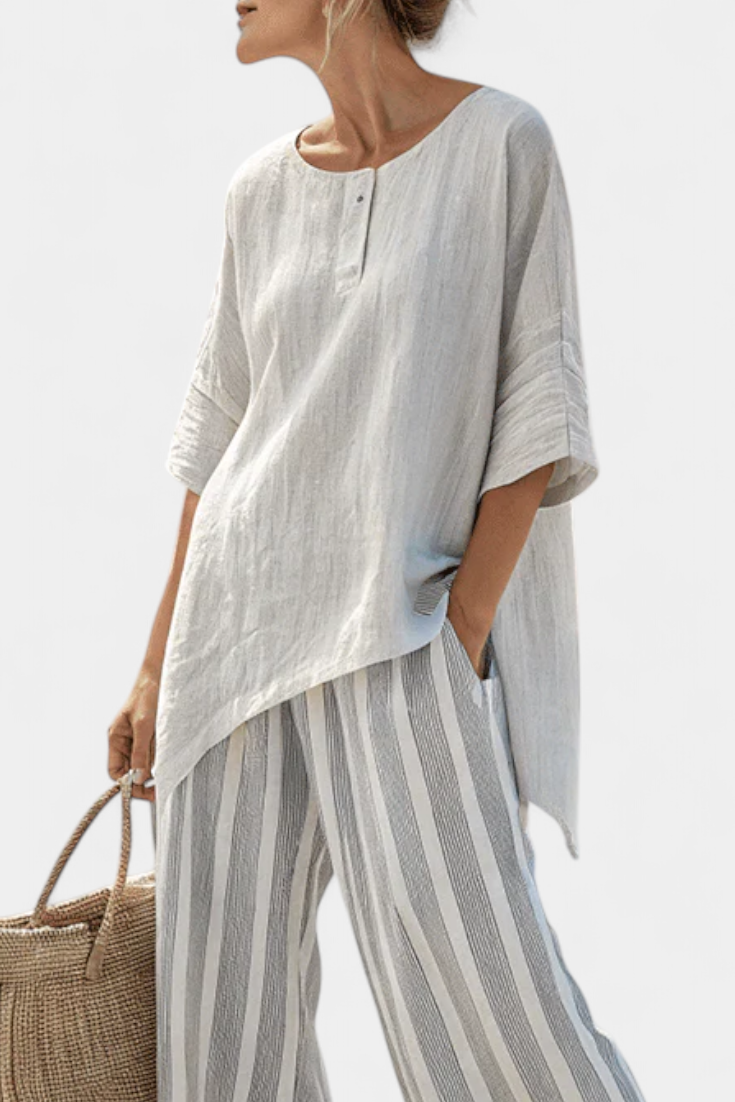 Vivian | Elegante asymmetrische Bluse & gestreifte Hose