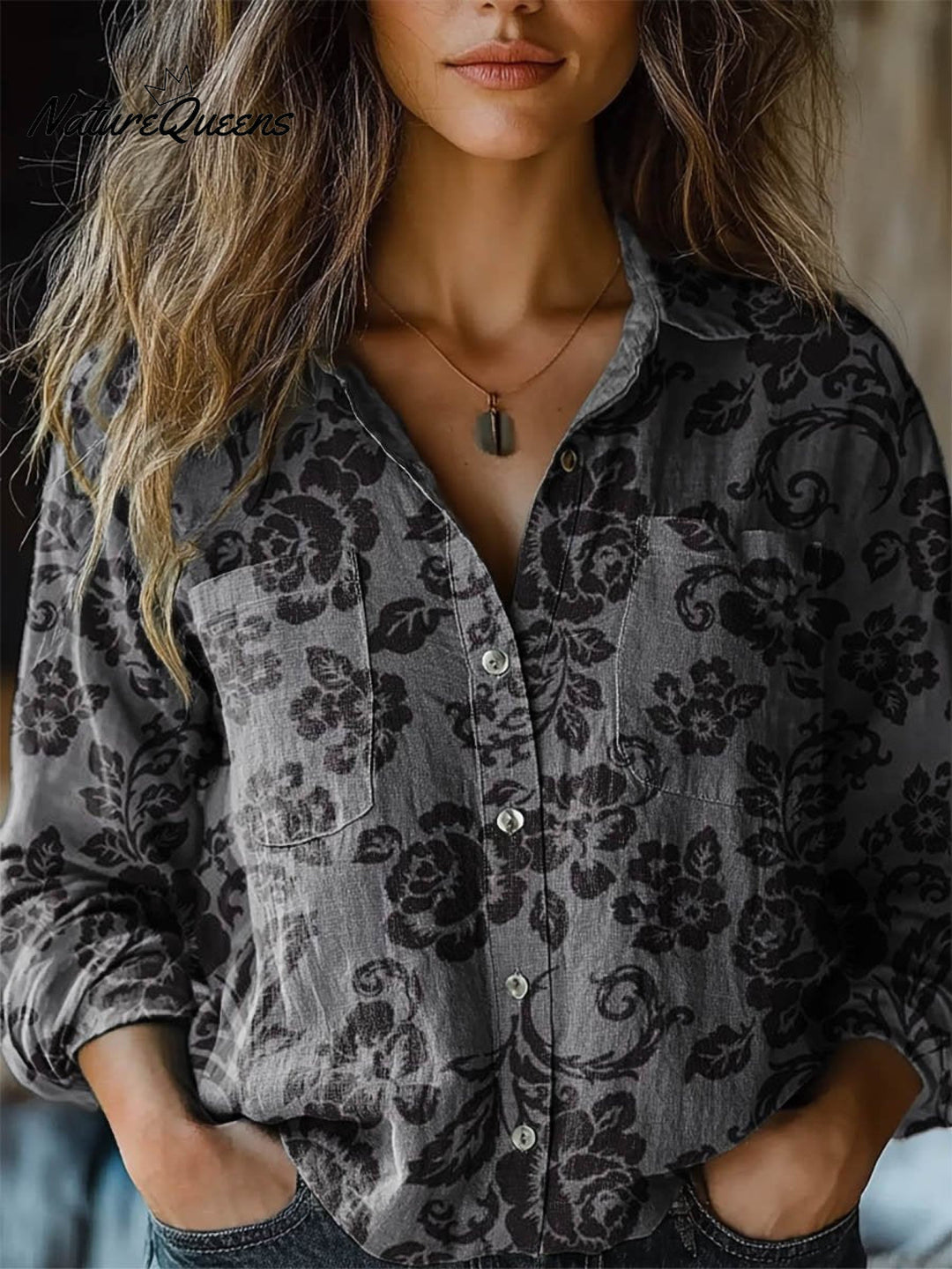 Gloria | Damen Vintage Hübsches Floral Kunstdruck Lässiges Langarm Bequemes Baumwollshirt