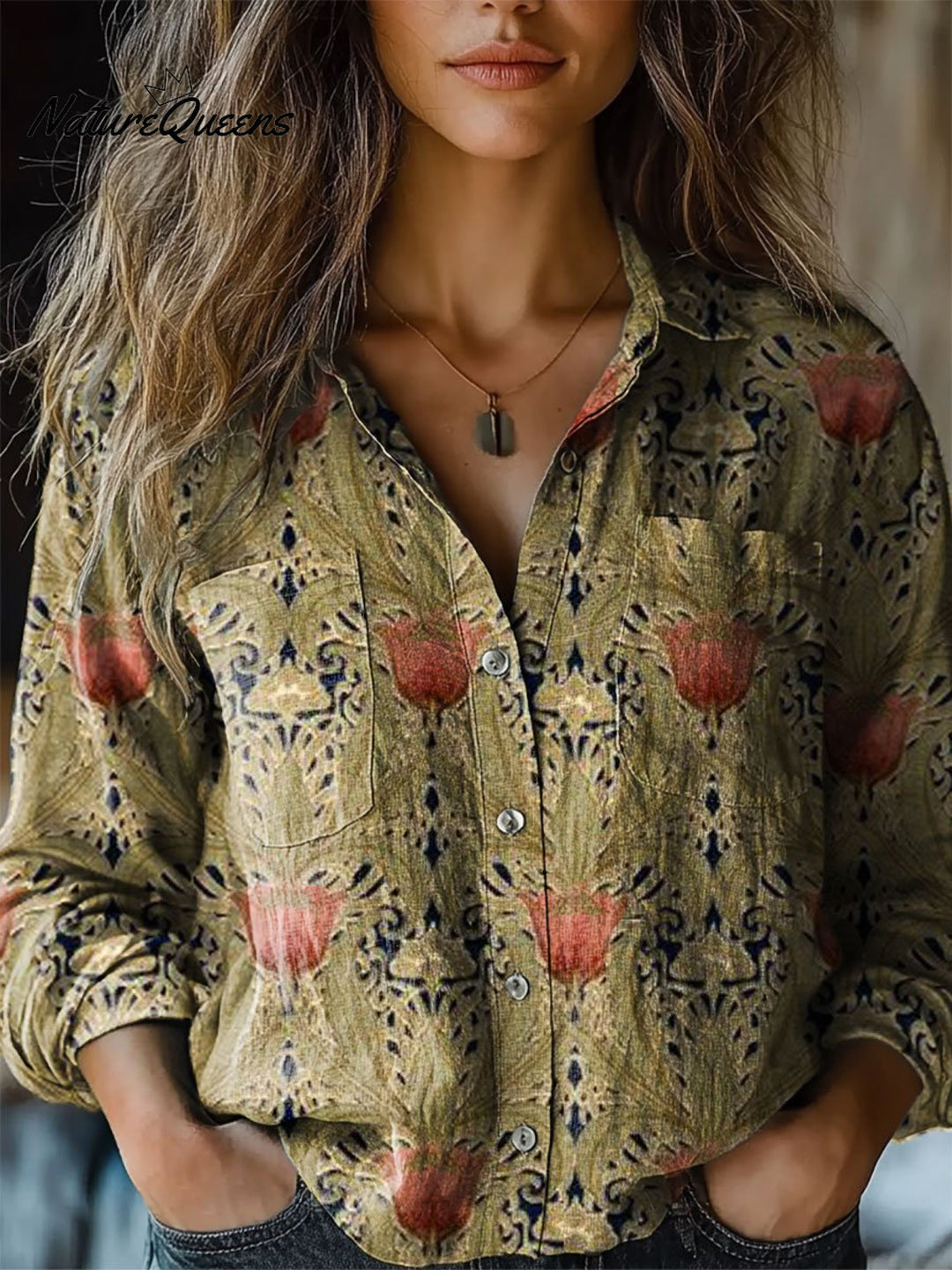 Nova | Damen Vintage Kunstdruck Lässiges Langarm T-Shirt aus bequemer Baumwolle