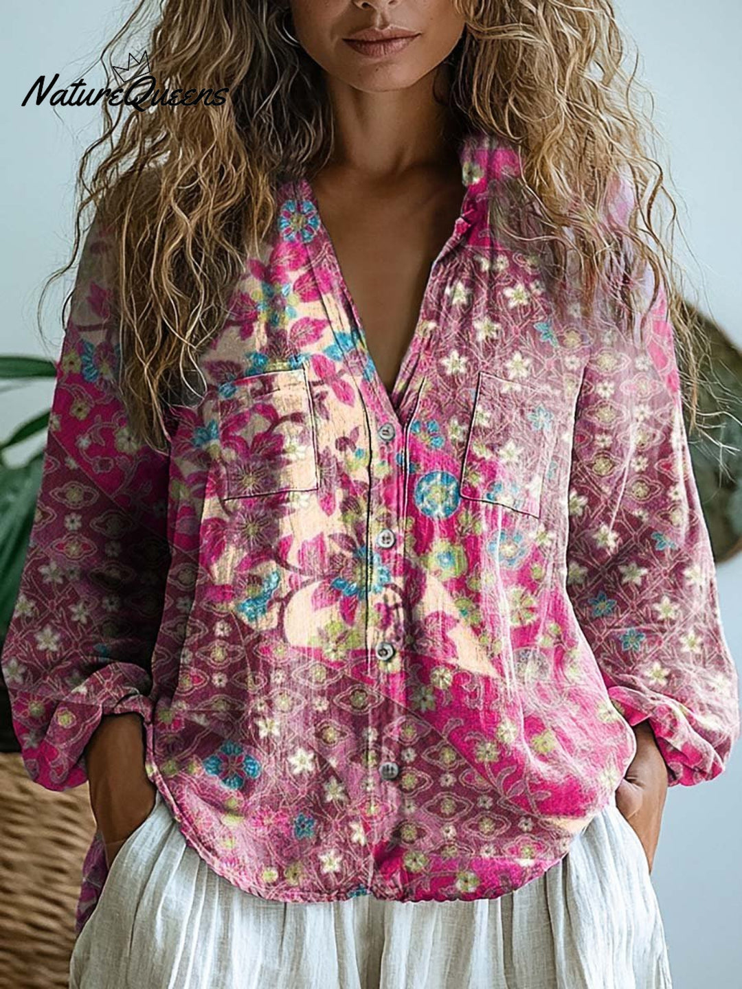 Joyce | Damen Vintage Blumendruck Casual Langarm Bequemes Baumwollhemd