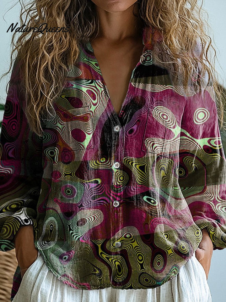 Cheryl | Bedrucktes Damen-Casual-Shirt mit abstraktem Formen- und Linienmuster, langärmelig, aus bequemer Baumwolle