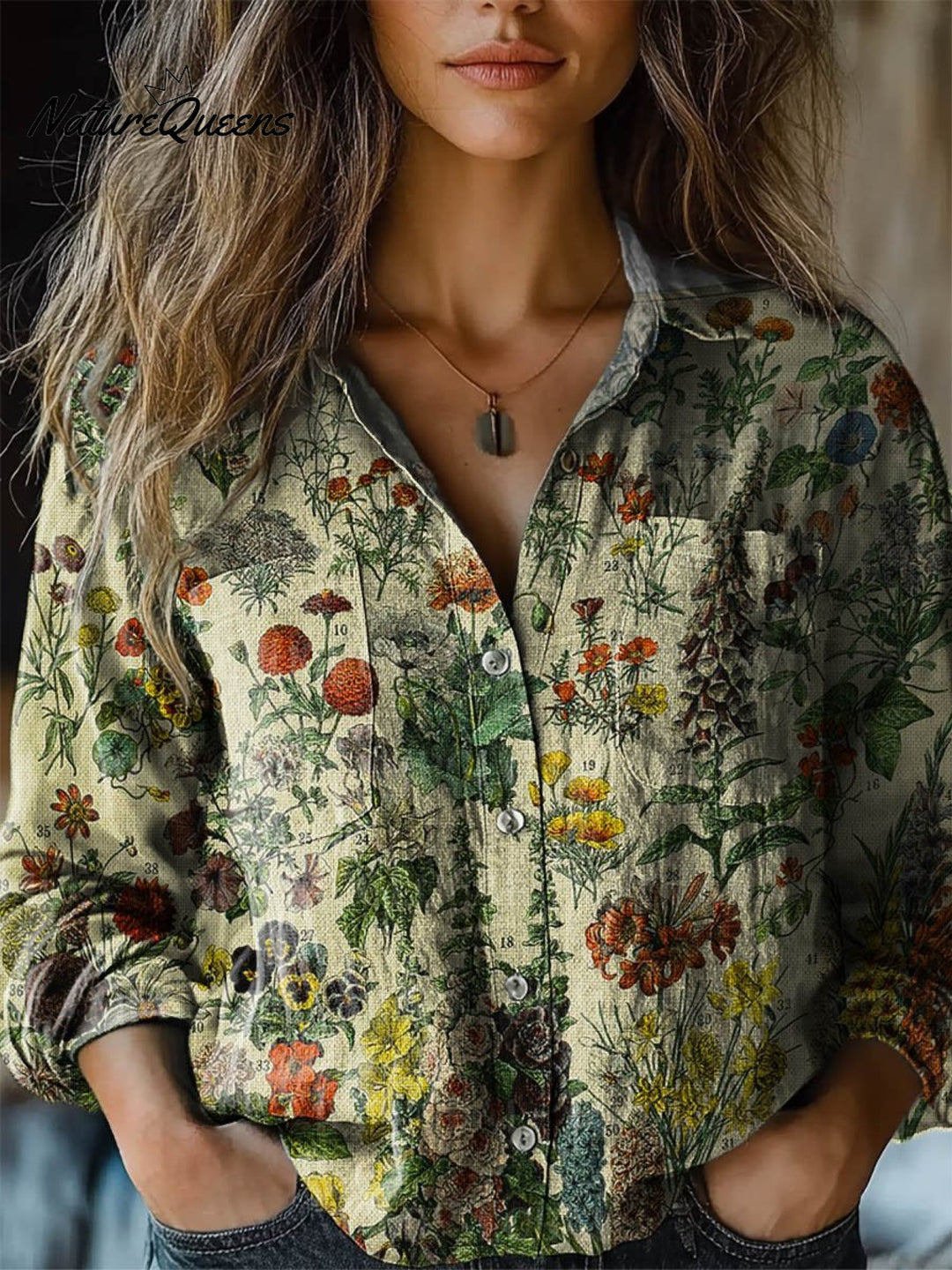 Rebecca | Damen Vintage Hübsches Floral Kunst Druck Lässiges Langarm Bequemes Baumwollshirt