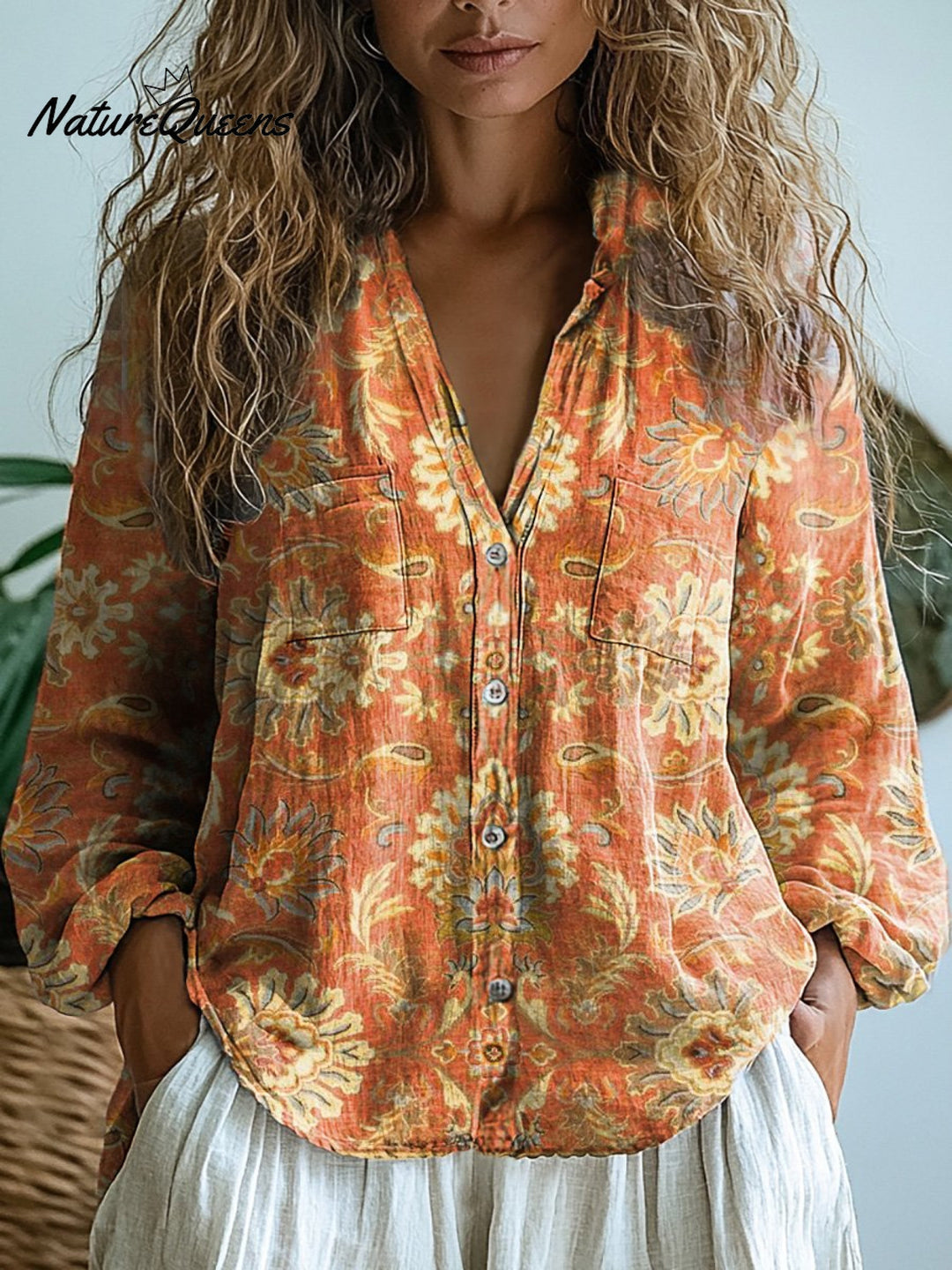Melanie | Damen Vintage Liebe Blumen Kunstdruck Lässiges Langarm Baumwollshirt