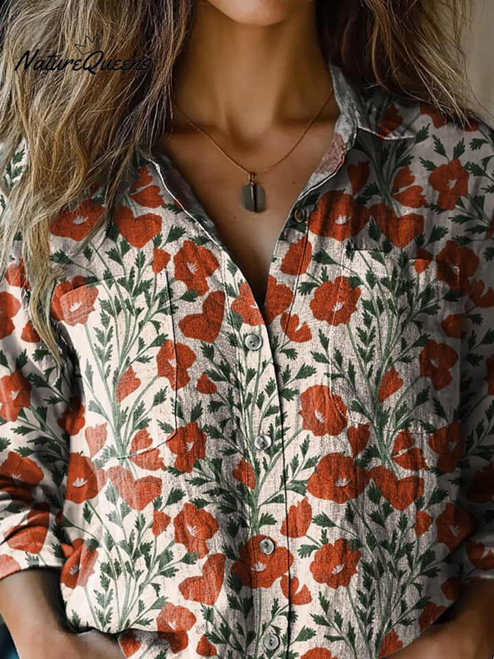 Martha | Sommer Mohn Blumenmuster Bedrucktes Damen Freizeit Langarm Bequemes Baumwollhemd