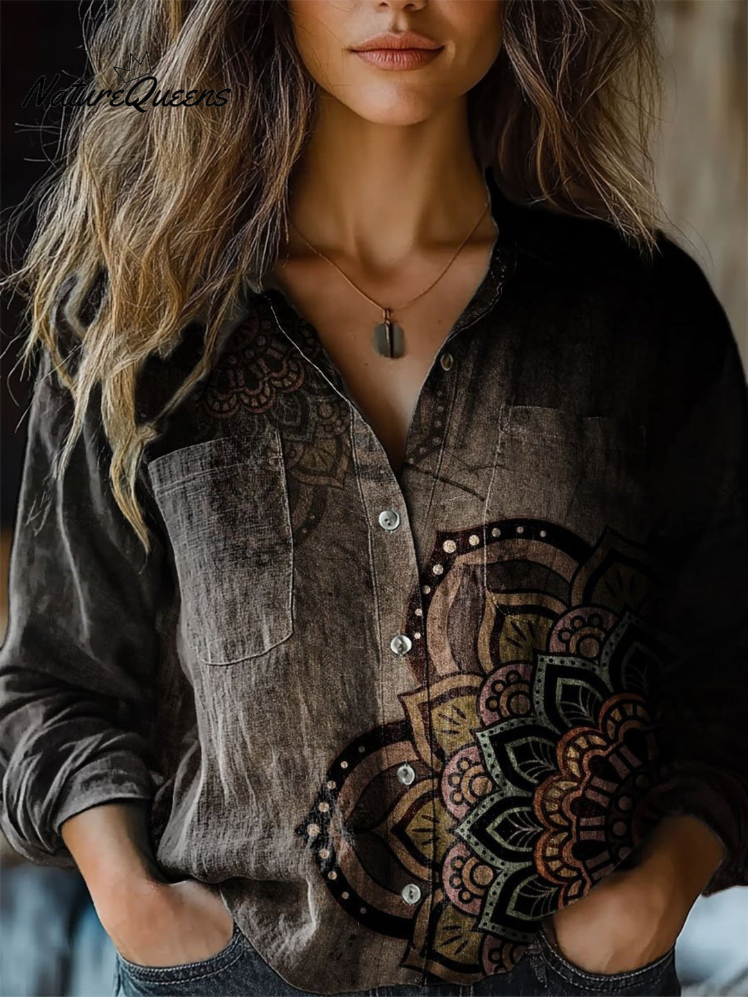 Amanda | Damen Vintage Druck Lässiges Langarm Komfortables Baumwollshirt