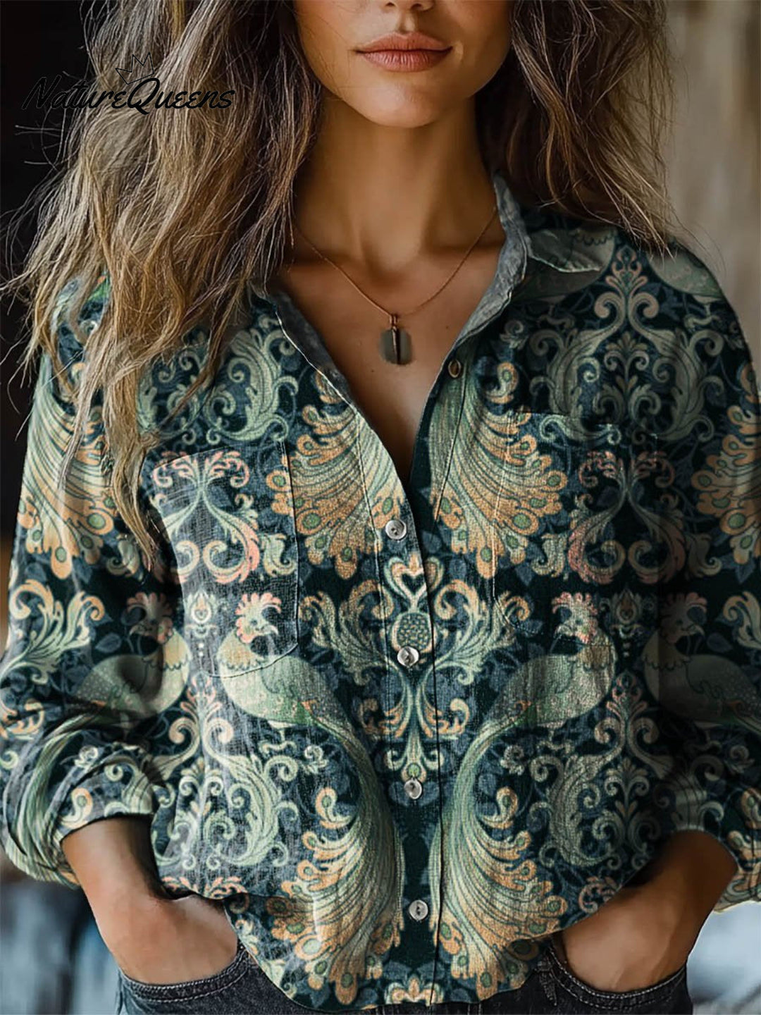 Ruth | Damen Vintage Hübsches Floral Kunstdruck Lässiges Langarm Bequemes Baumwollshirt