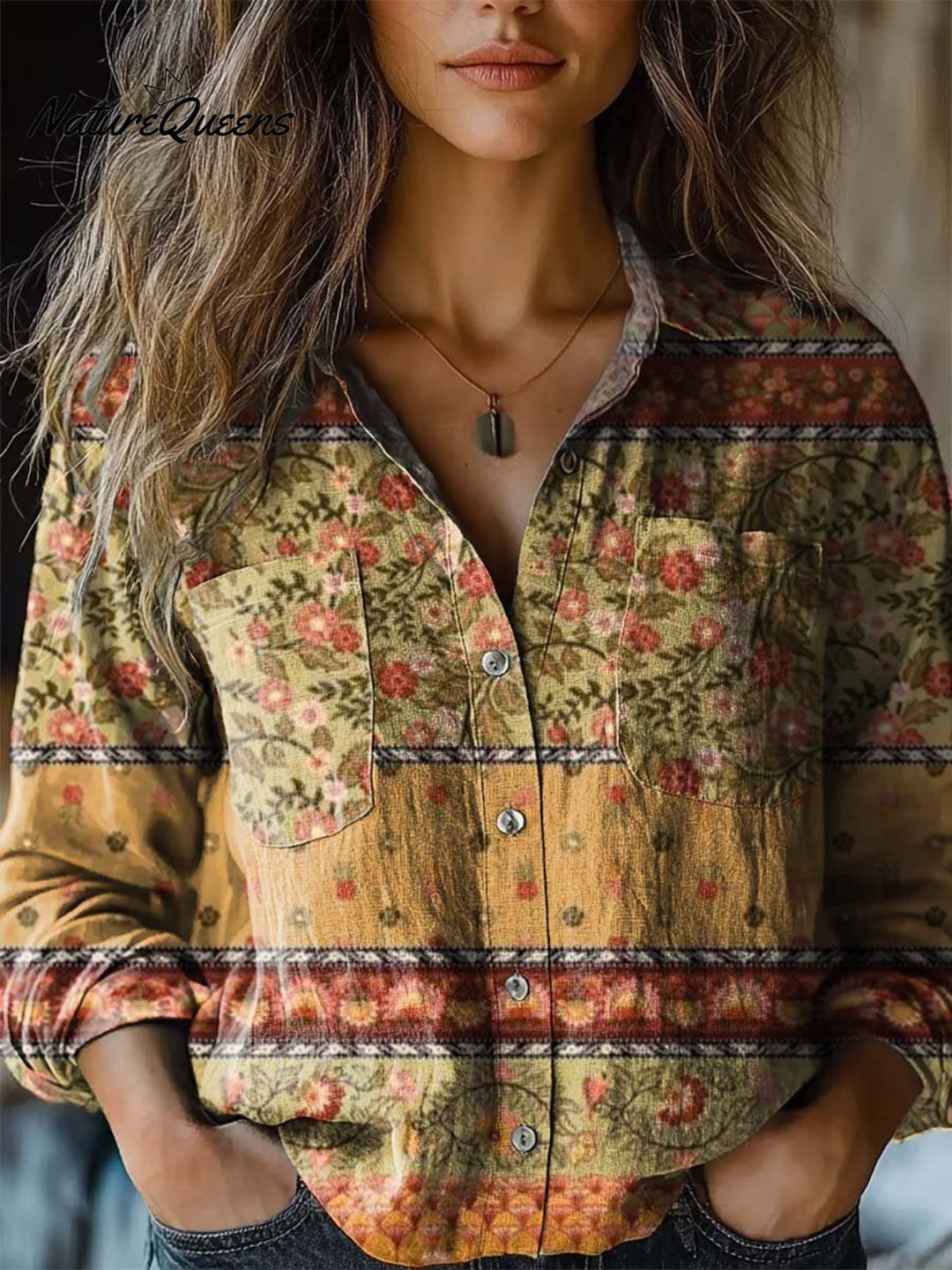 Andrea | Damen Floral Patchwork Kunstdruck Lässiges Langarm Baumwollshirt