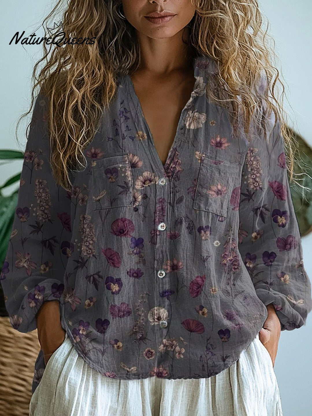 Carol | Damen Retro Floral Kunstdruck Lässiges Langarm Bequemes Baumwollshirt