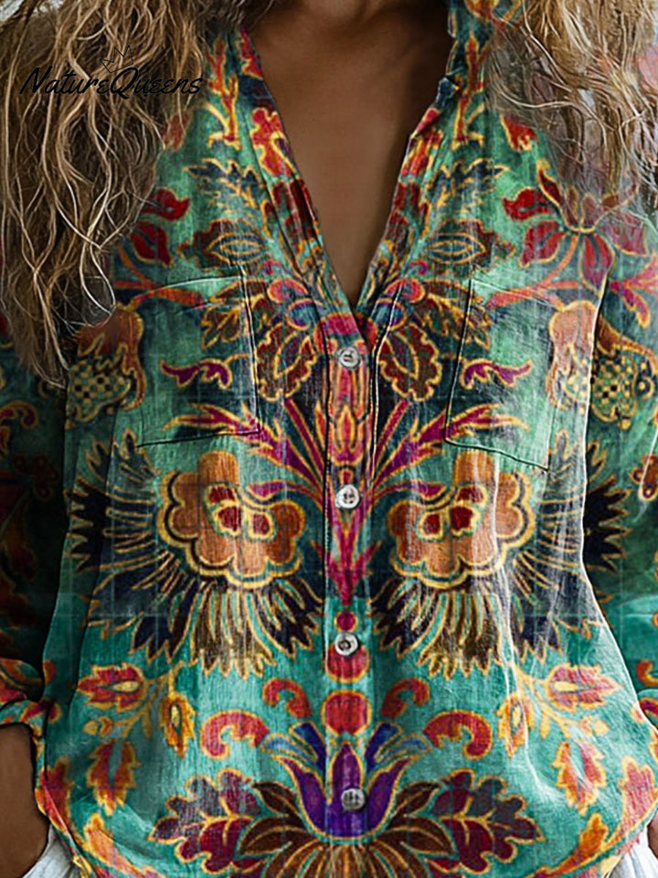 Laura | Damen Vintage Hübsches Floral Kunstdruck Lässiges Langarm Bequemes Baumwollshirt