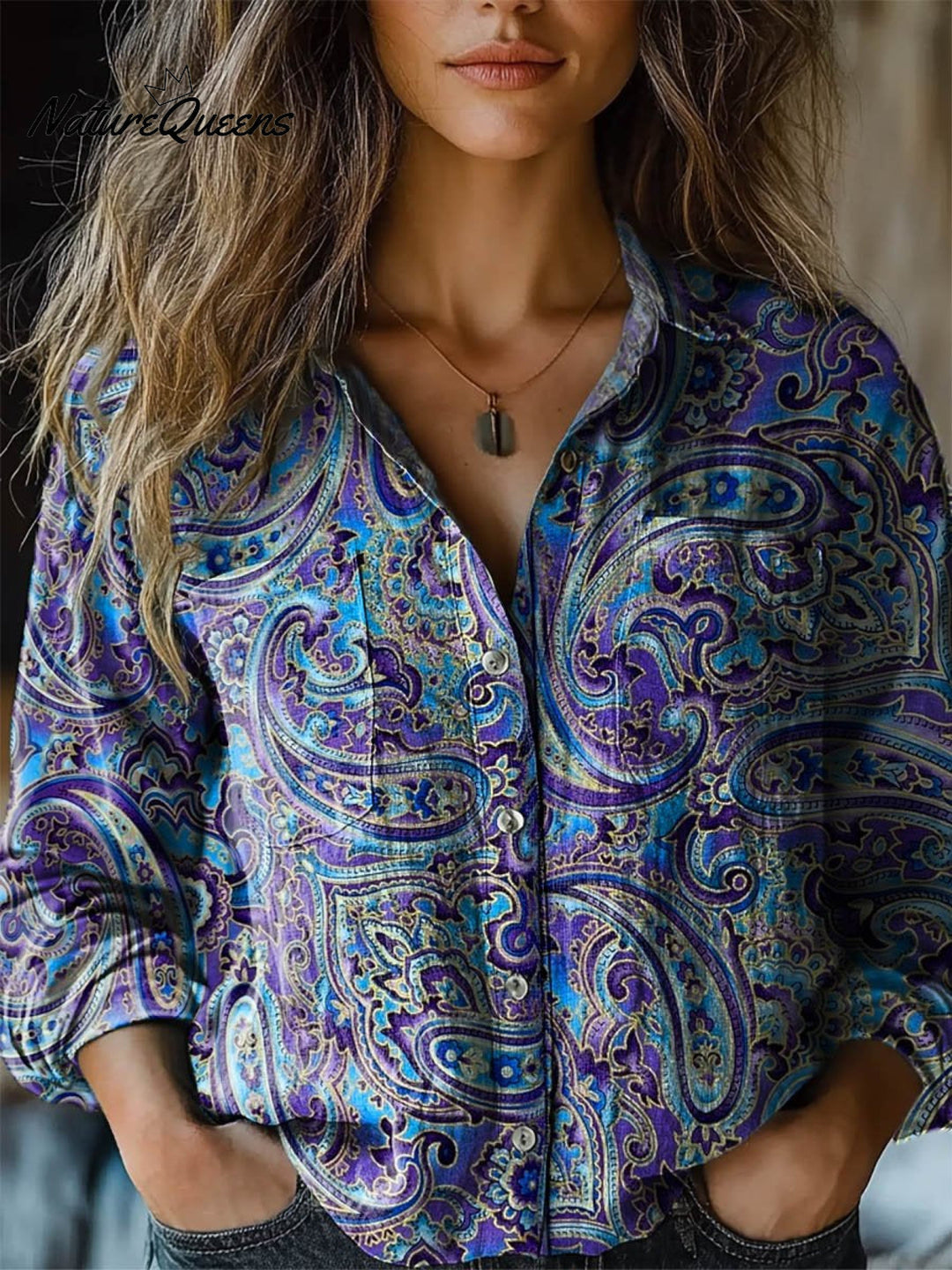 Cynthia | Damen Folk Flower Paisley Print Langarm Bequemes Baumwollhemd