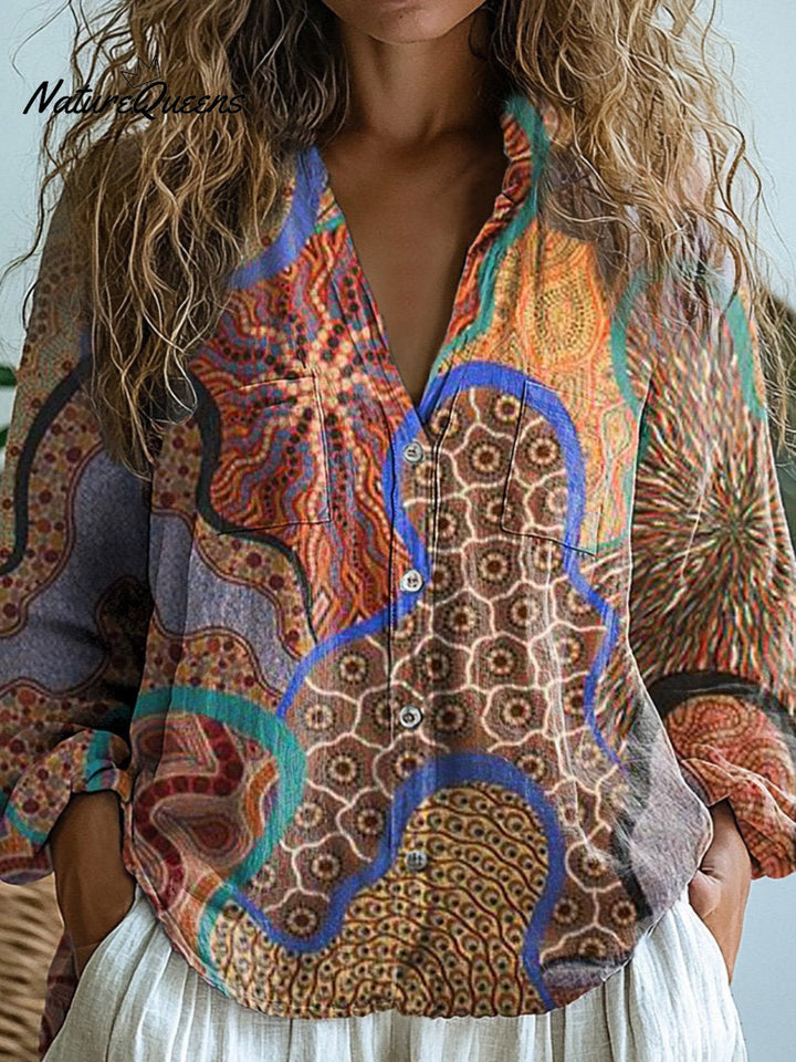Amy | Ethnischer Stil Tribal-Muster bedrucktes lässiges Damen Langarm-Shirt aus bequemer Baumwolle