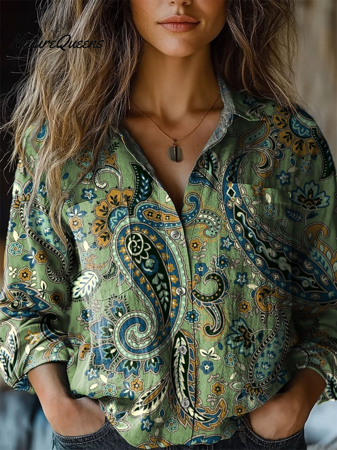 Melissa | Damen Paisley-Muster Kunstdruck Lässiges Langarm Baumwollshirt