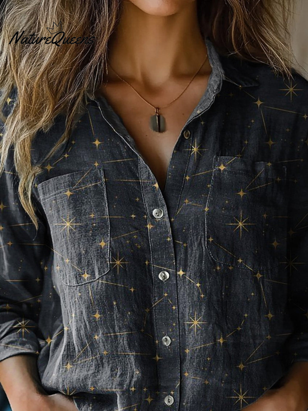 Chloe | Nachthimmel und Sternmuster bedrucktes Damen-Casual Langarm T-Shirt aus bequemer Baumwolle