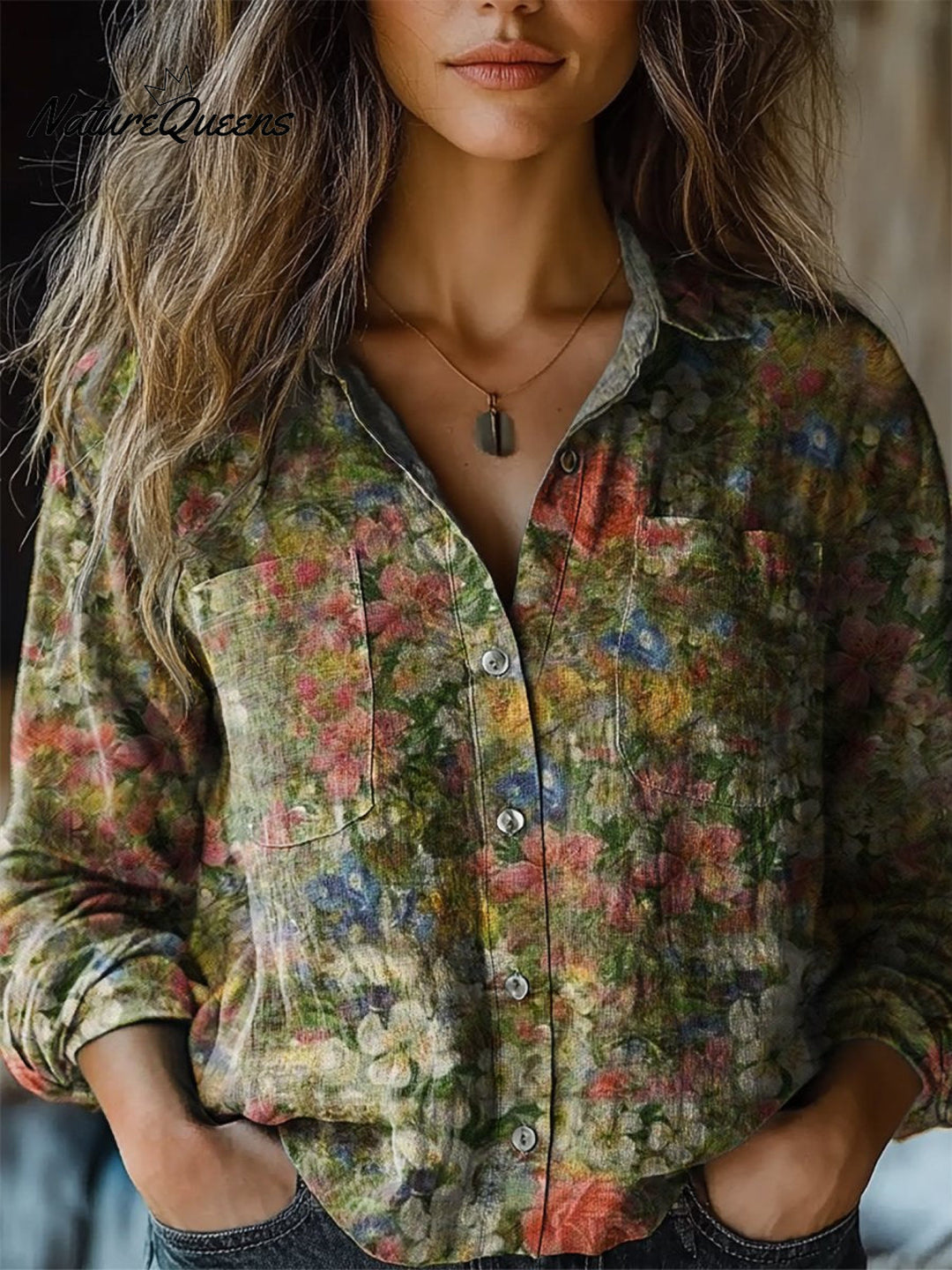 Michelle | Damen Vintage Folk Blumen Kunstdruck Langarm Bequemes Baumwollshirt