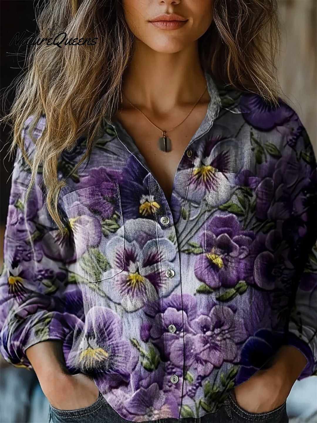 Stephanie | Lila Blumen Druck Lässiges Langarm Bequemes Baumwollshirt