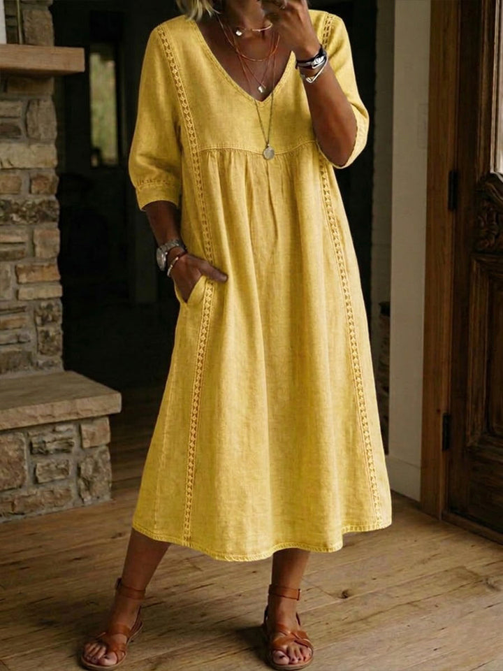 Sheena | Lässiges, lockeres Patchwork-Kleid mit Spitzenbesatz aus Leinen und Baumwolle