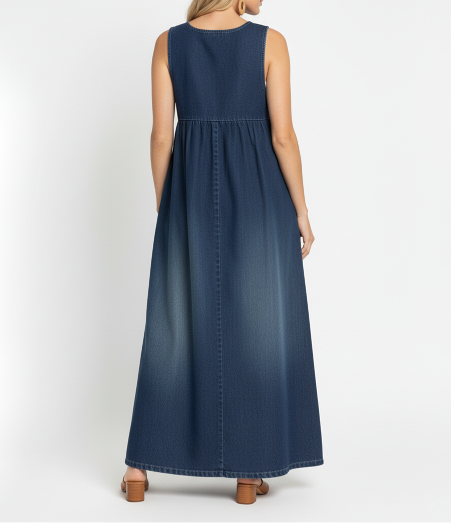 Loretta | Vintage gewaschenes, weiches Baumwollgefühl Denim-Maxikleid