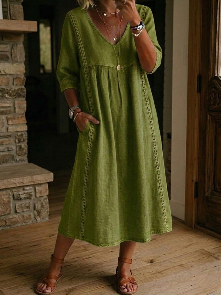 Sheena | Lässiges, lockeres Patchwork-Kleid mit Spitzenbesatz aus Leinen und Baumwolle