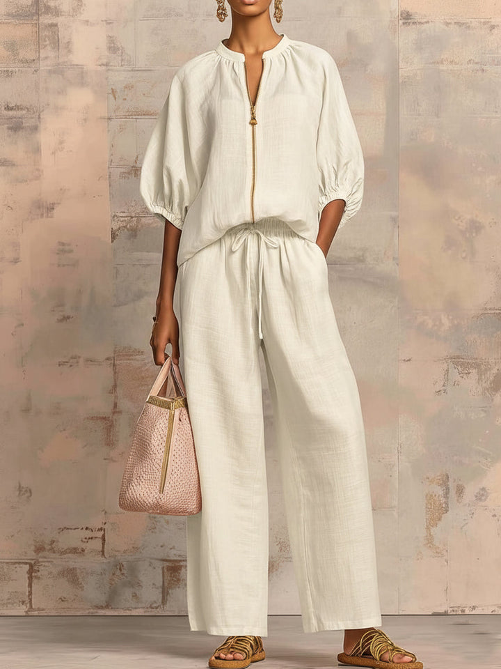 Hailey | Stylisches Gemütliches Shirt Weite Hosen Leinen Baumwolle Zwei-Teile Set
