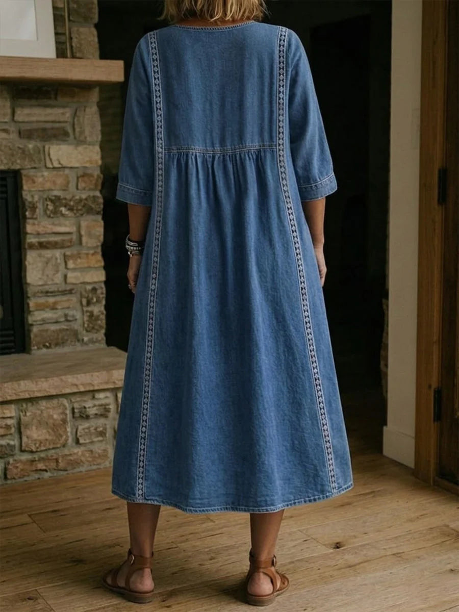 Melissa | Rundhals Langarm Denim Kleid