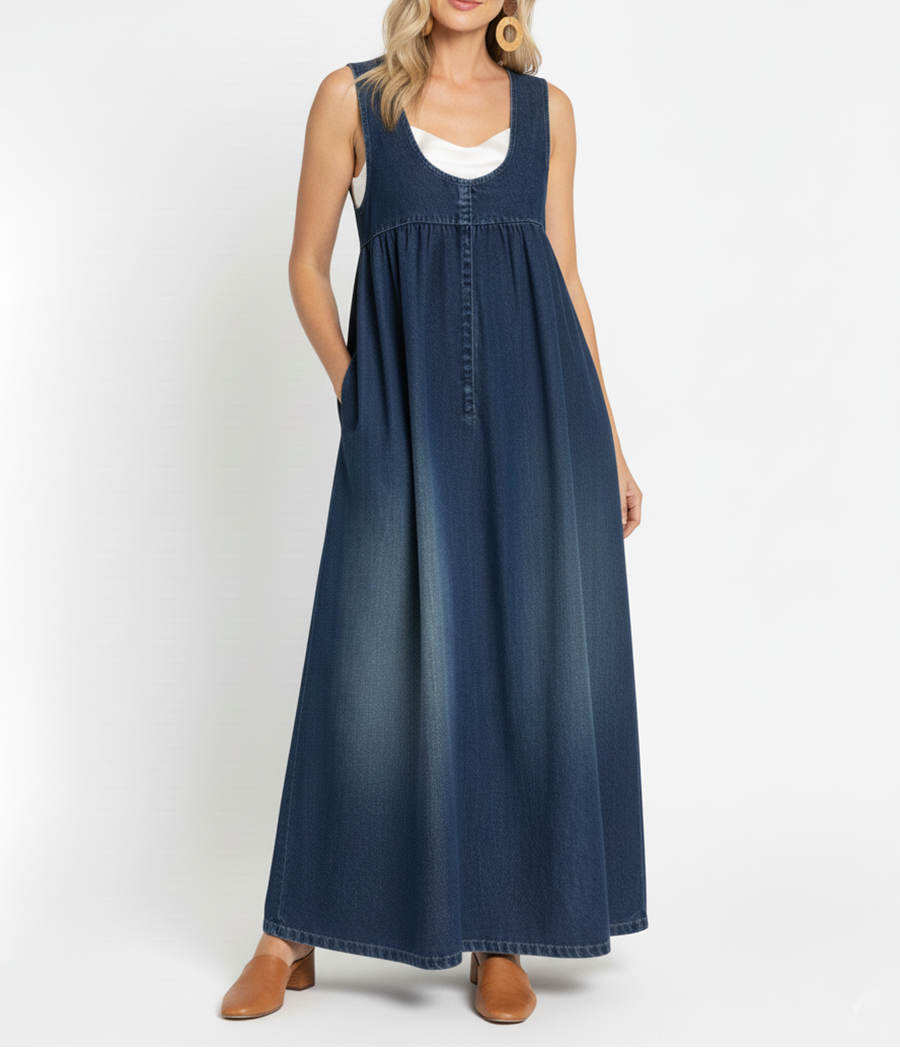 Loretta | Vintage gewaschenes, weiches Baumwollgefühl Denim-Maxikleid