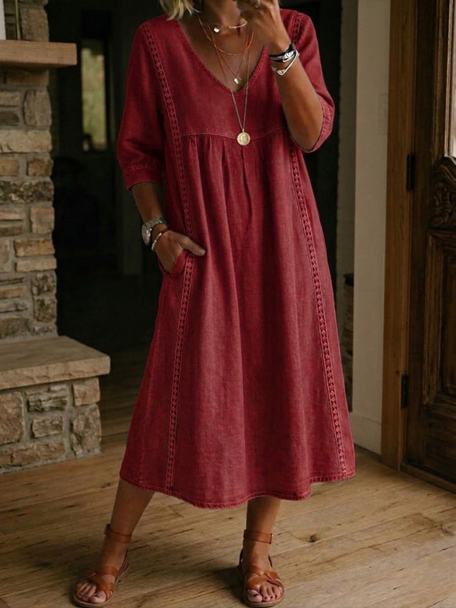Sheena | Lässiges, lockeres Patchwork-Kleid mit Spitzenbesatz aus Leinen und Baumwolle