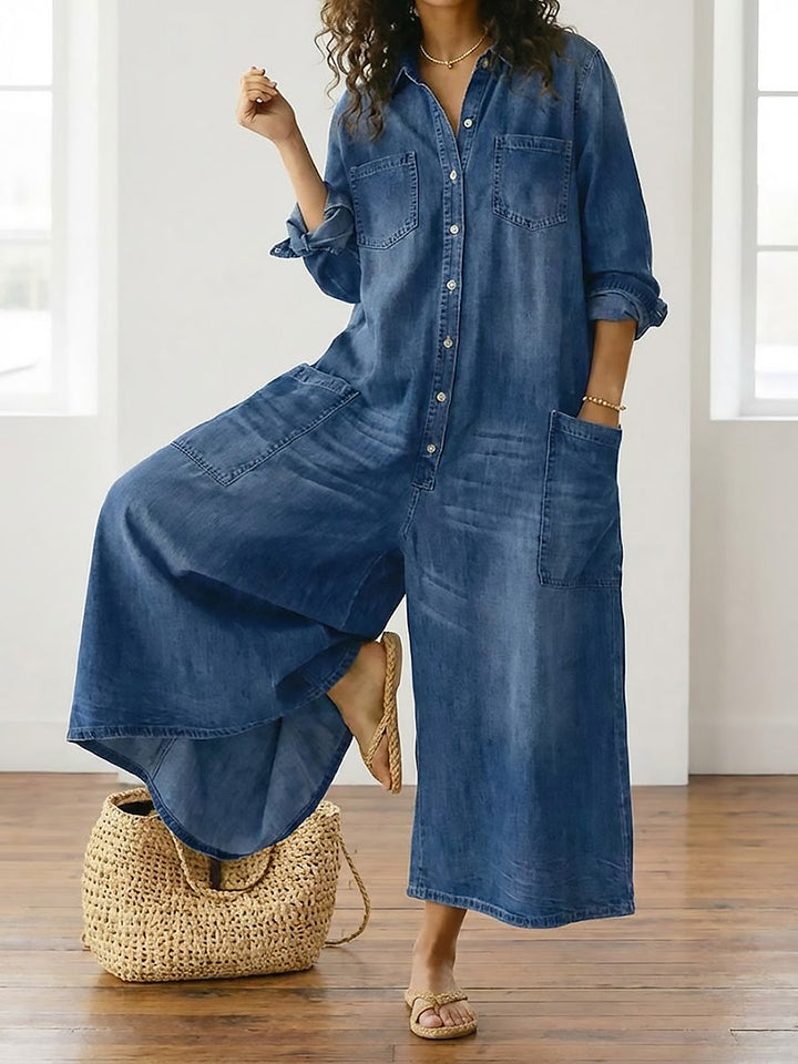 Lorelie | Vintage gewaschener, weicher Baumwoll-Denim-Overall mit Knopfverschluss
