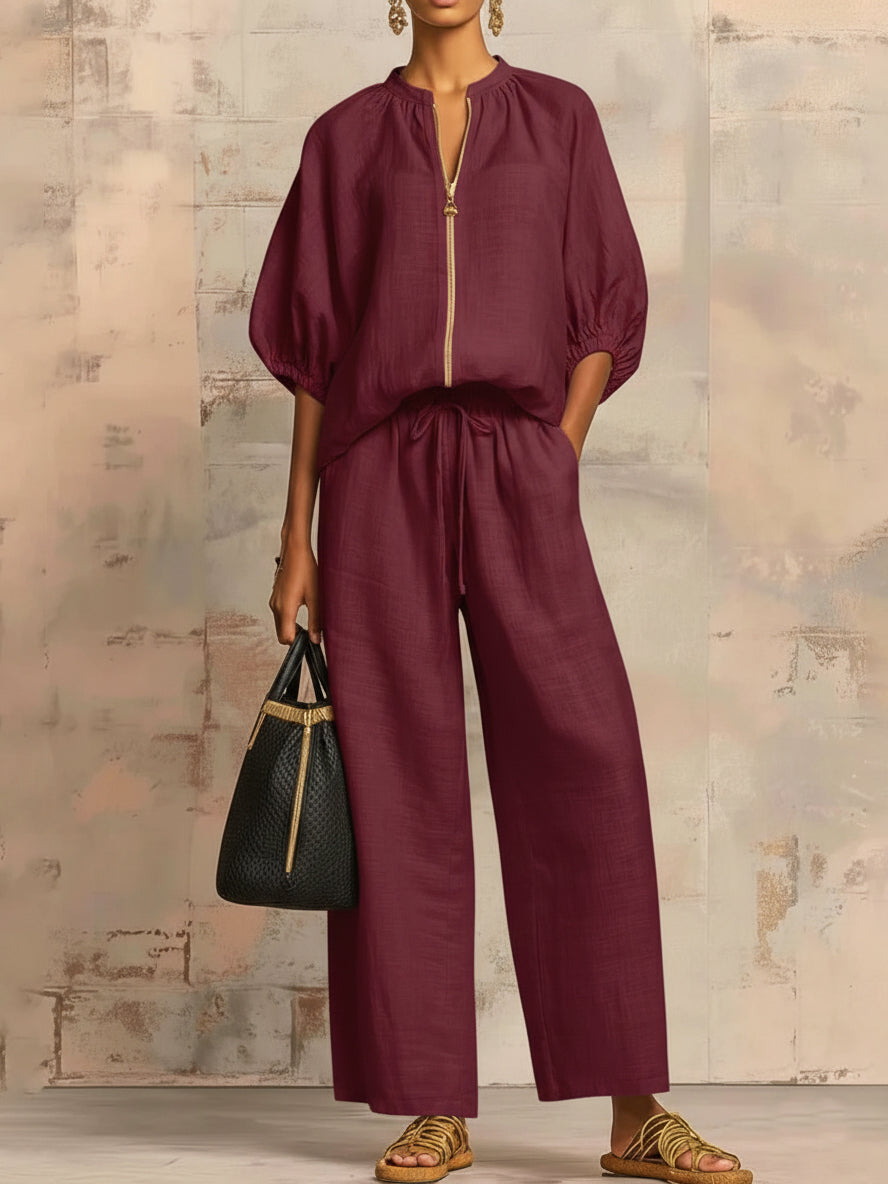 Hailey | Stylisches Gemütliches Shirt Weite Hosen Leinen Baumwolle Zwei-Teile Set