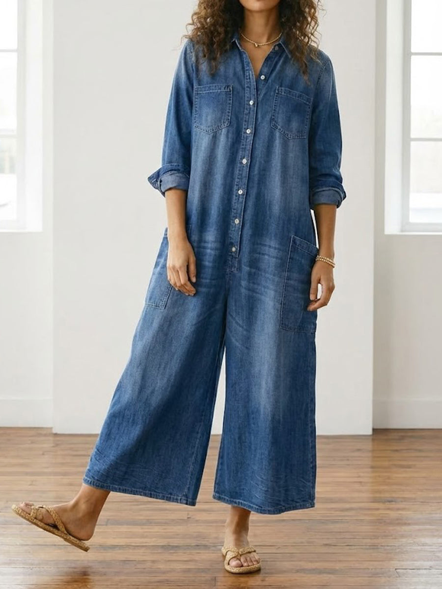 Lorelie | Vintage gewaschener, weicher Baumwoll-Denim-Overall mit Knopfverschluss
