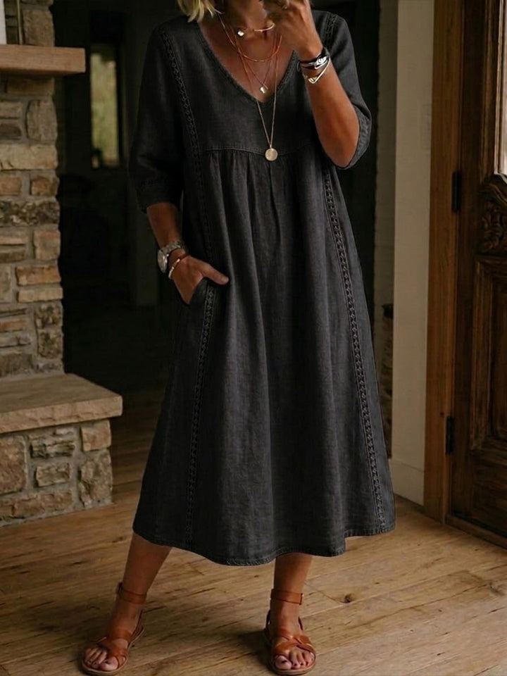 Sheena | Lässiges, lockeres Patchwork-Kleid mit Spitzenbesatz aus Leinen und Baumwolle